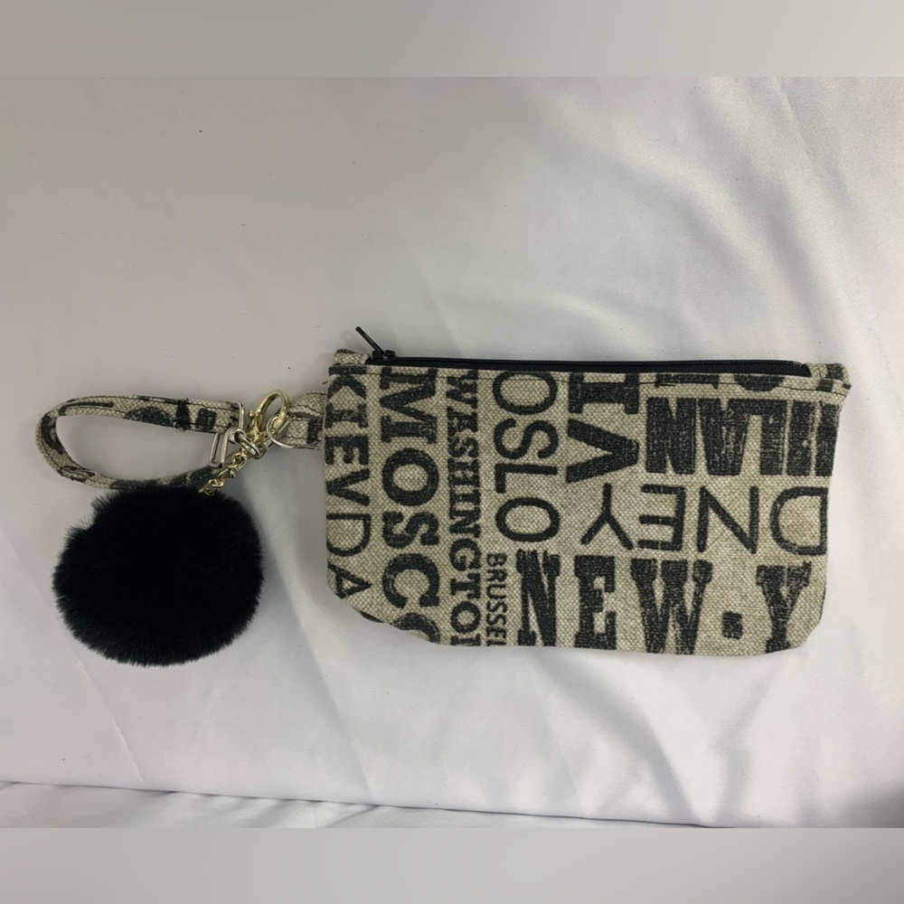 Canvas Wristlet Makeup Bag Black & White with City Names Fully Lined with Zipper - Picture 3 of 10